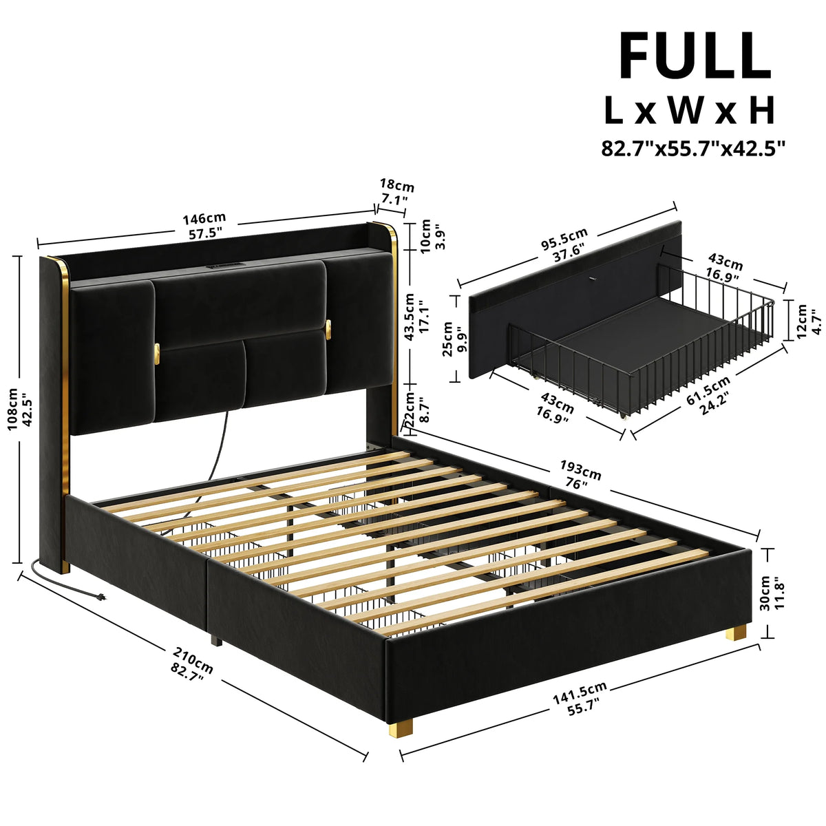 Queen Bed Frame with Storage Headboard and 4 Under-bed Drawers M2275