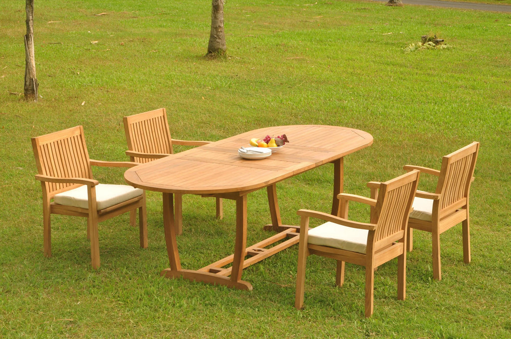 Grade-A Teak 5 Pc Dining Set with Oval Trestle Leg Table and 4 Stacking Arm Chairs V8191