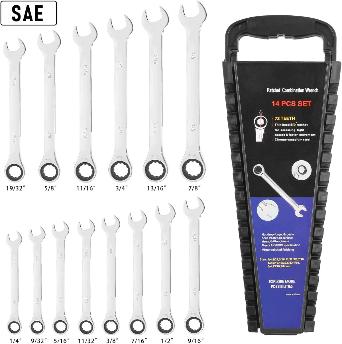 14-Piece Ratcheting Combination Wrench Set, Chrome Vanadium Steel P4123