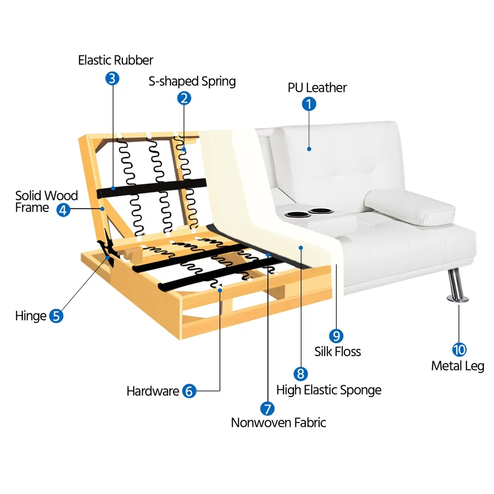 White Faux Leather Futon with Cupholders and Pillows D378139