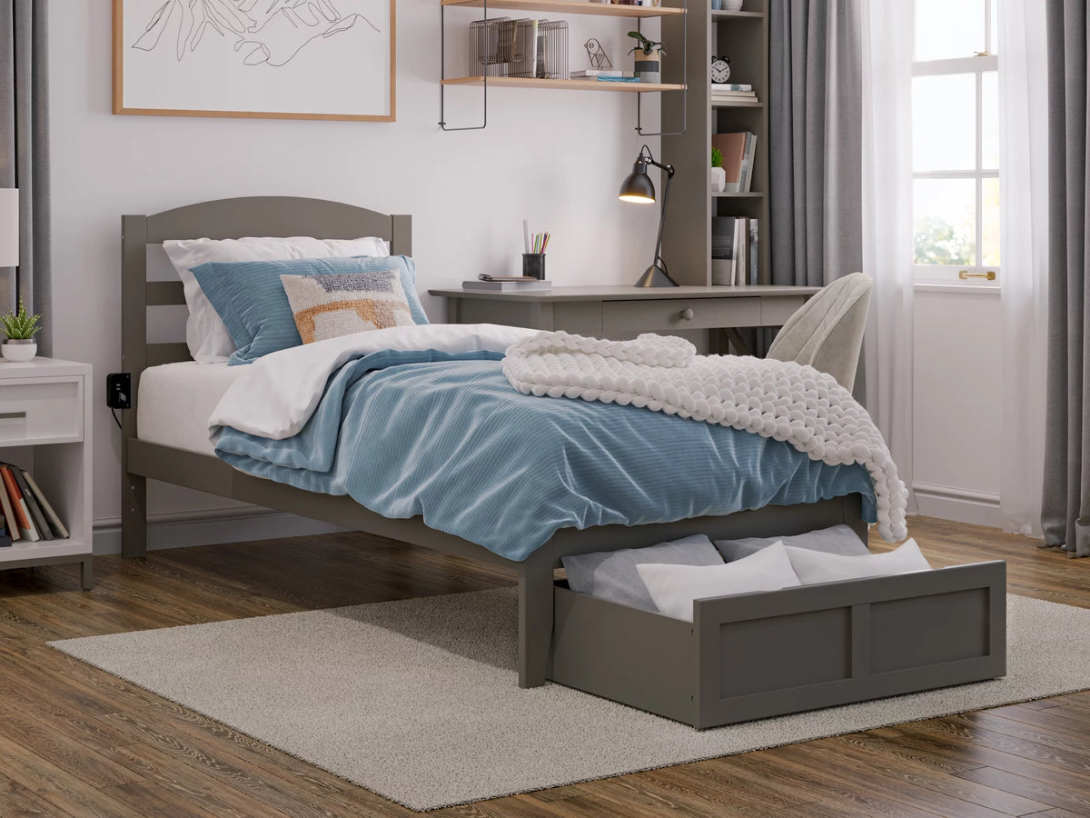 Grey Twin XL Wood Platform Bed Frame with Foot Drawer Storage S587