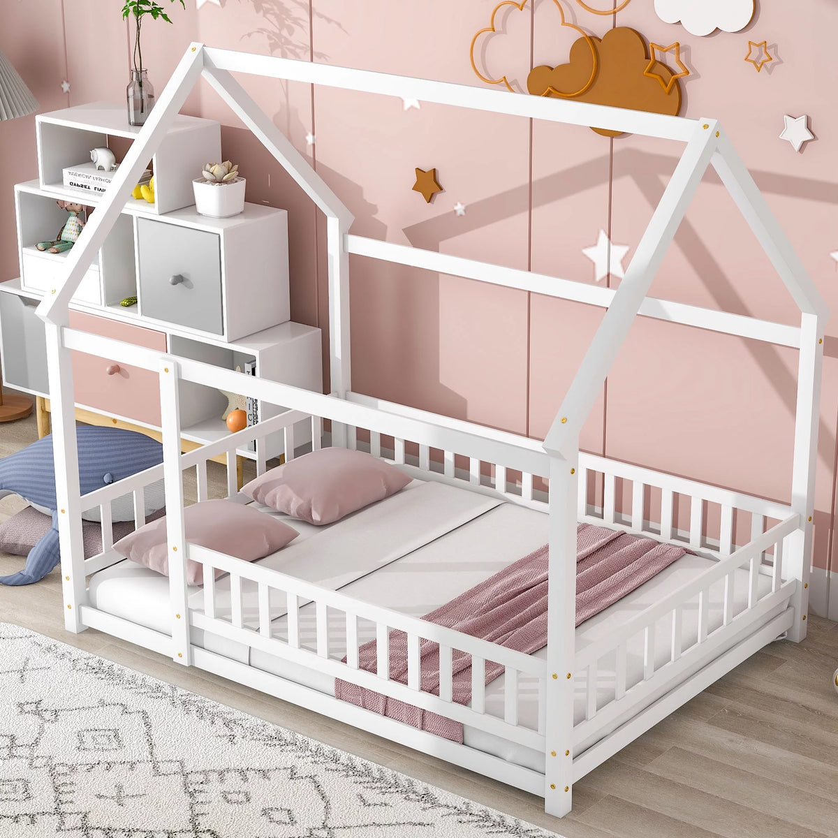 White Full Size Floor Bed with Fence Guardrails and Roof U987410