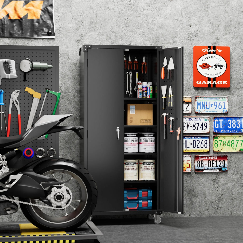72” Locking Metal Garage Storage Cabinet with Wheels & Pegboards, Black V415
