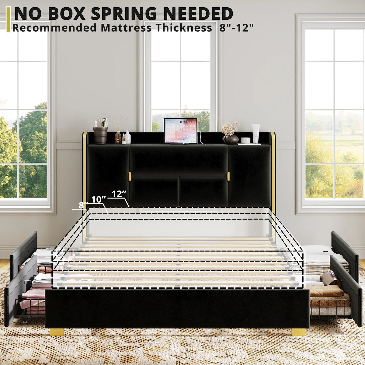 Queen Bed Frame with Storage Headboard and 4 Under-bed Drawers M2275