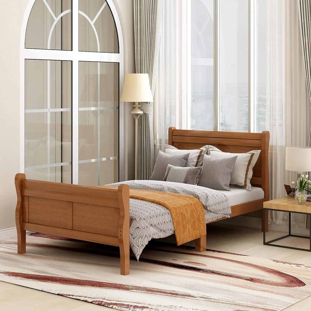 Oak Wood Sleigh Bed with Headboard and Footboard P500