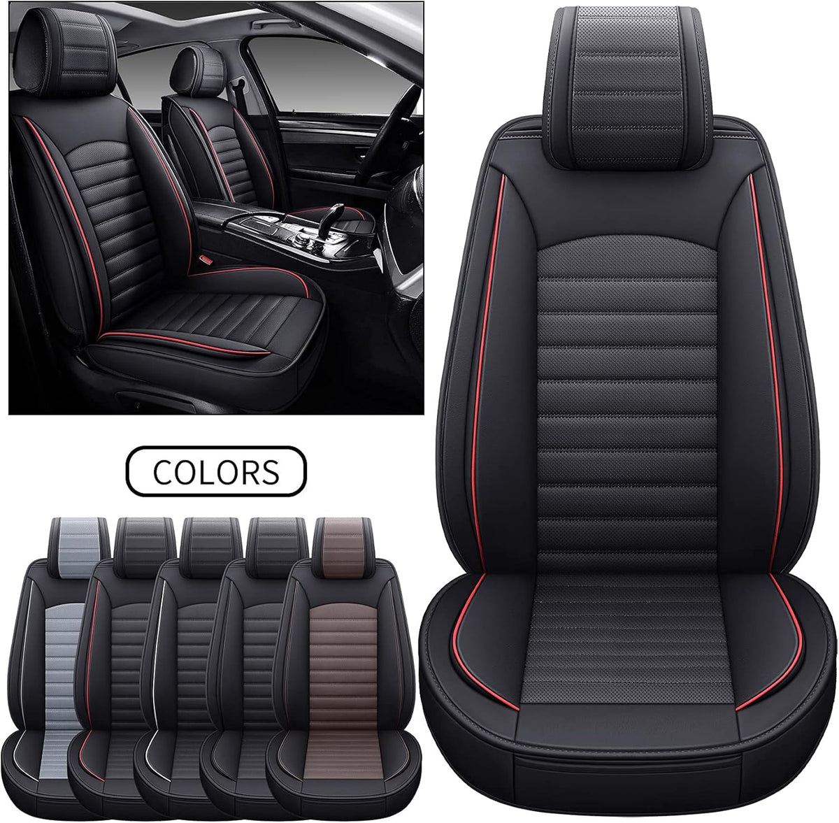 Black-Red Waterproof Leather Car Seat Covers, 5 Sets Full Seat F618894