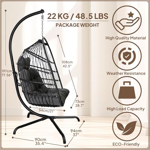 Foldable Wicker Rattan Hanging Egg Chair with Cushion W1964
