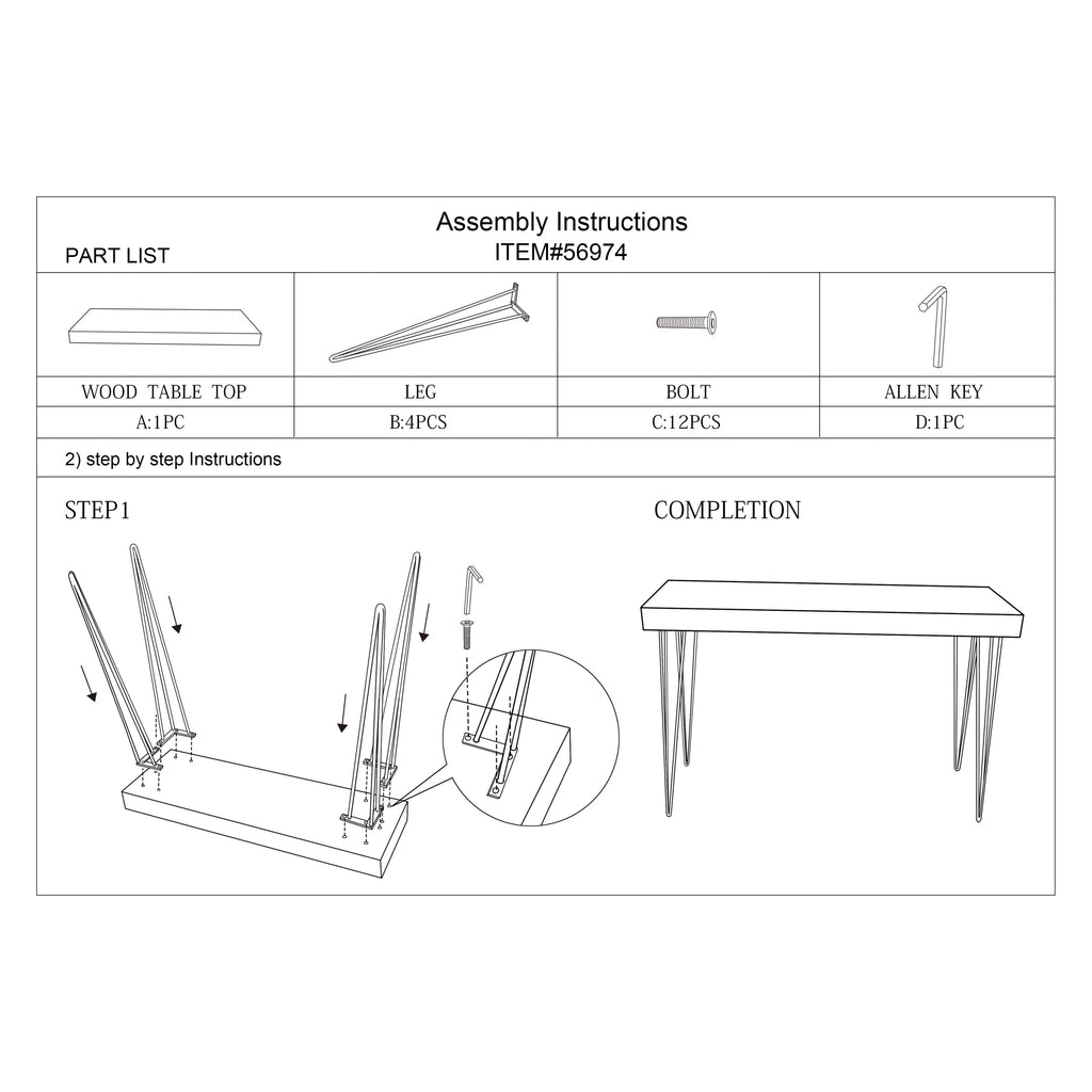 Brown Wood Console Table with Black Metal Hairpin Legs A8589