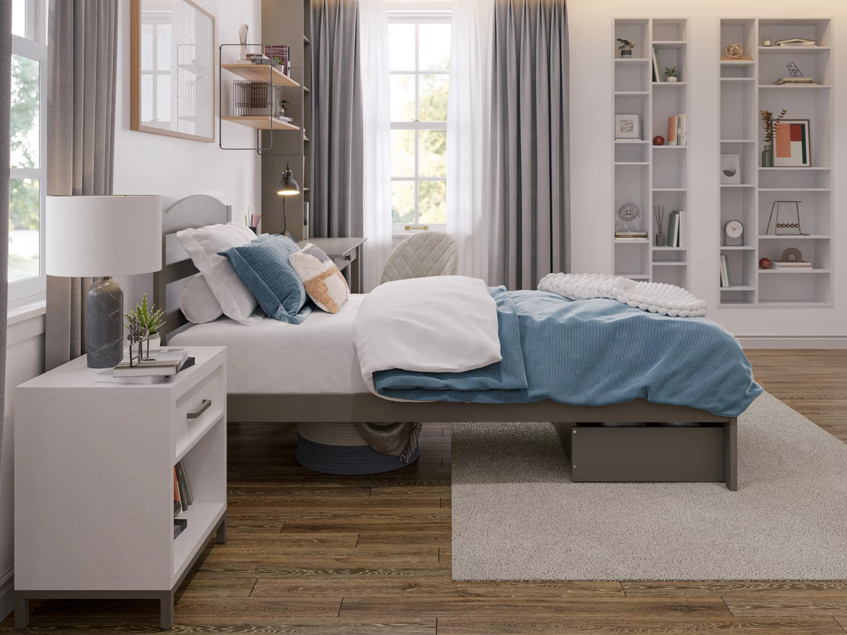 Grey Twin XL Wood Platform Bed Frame with Foot Drawer Storage S587