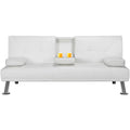 White Faux Leather Futon with Cupholders and Pillows D378139