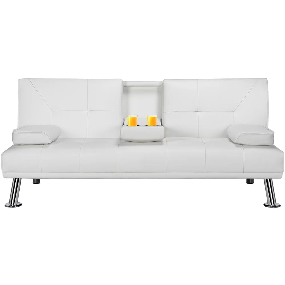 White Faux Leather Futon with Cupholders and Pillows D378139