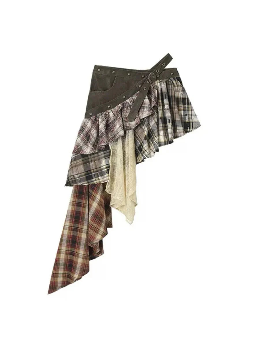 Irregular Plaid Ruffle Skirt T6842